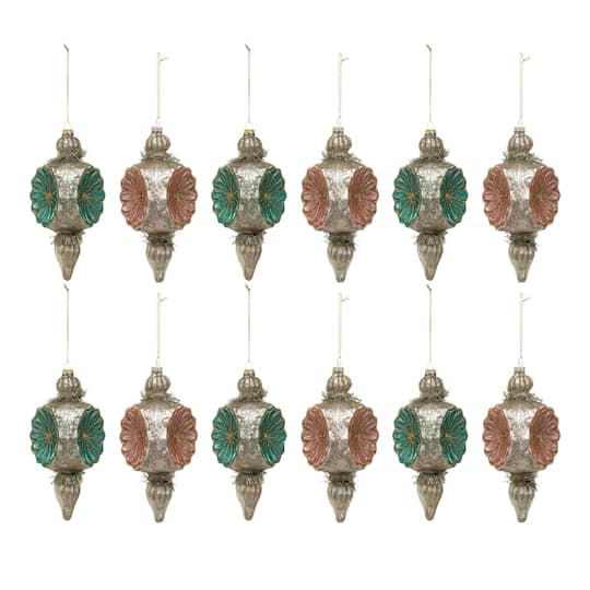 Hello Honey® 8 Pack 7" Mercury Glass Flowers, Tinsel & Glitter Finial Ornaments